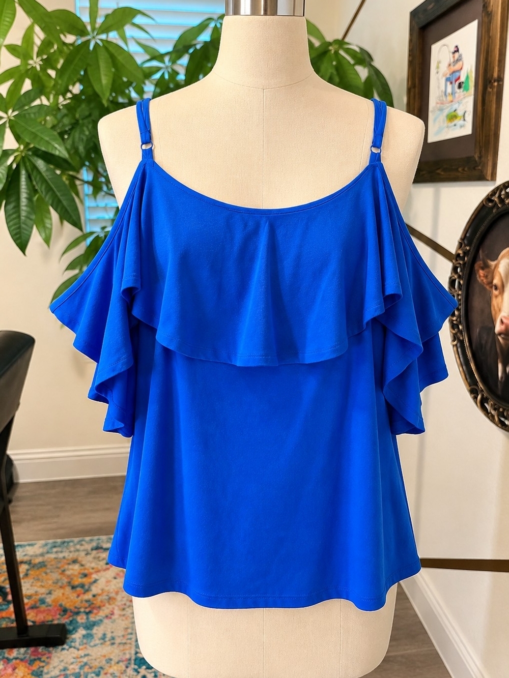 Women’s Royal Blue Ruffle Cold-Shoulder Tank Top